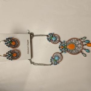 Orange and turquoise necklace and earrings